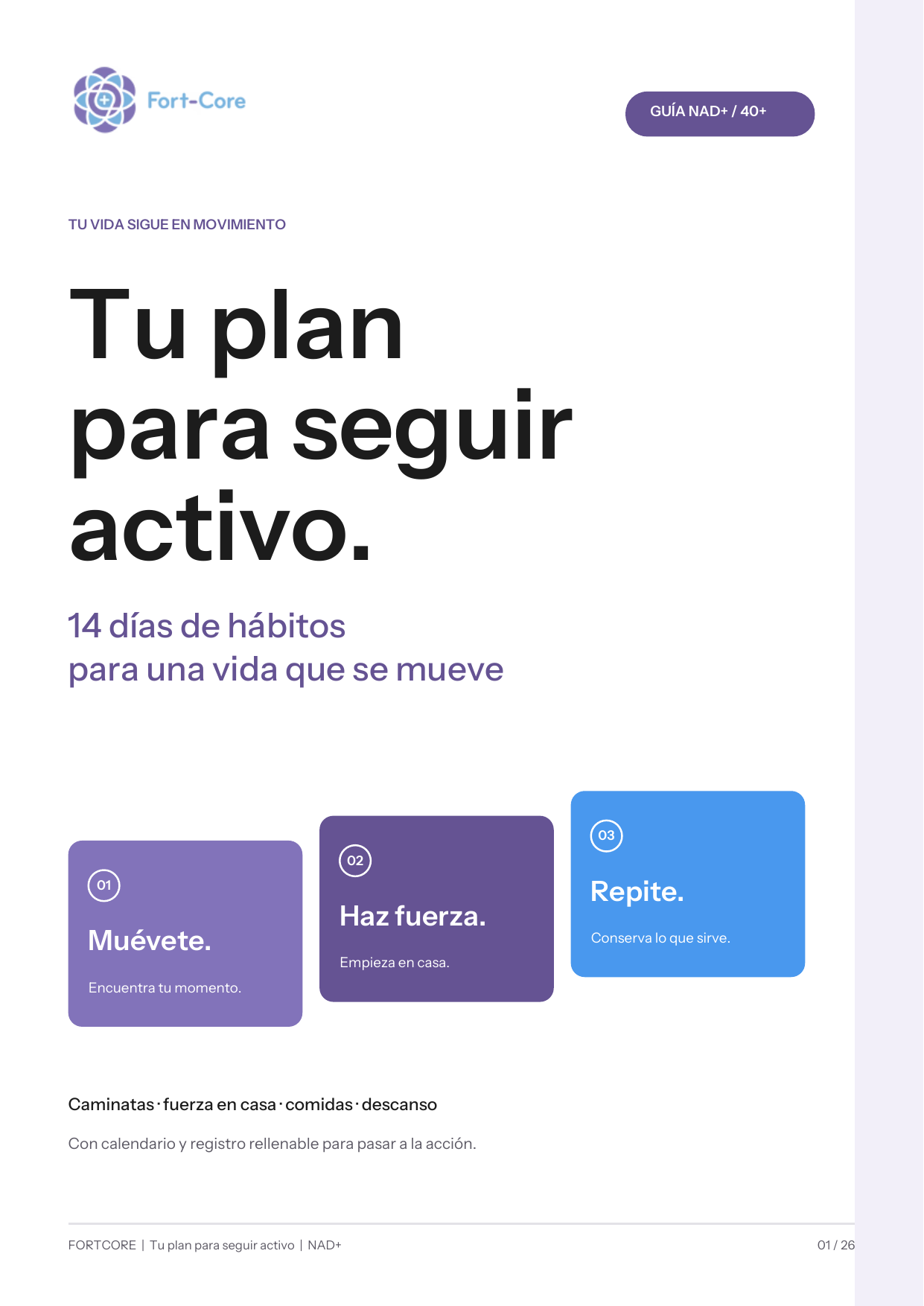 Portada de Tu plan para seguir activo, guía práctica de 26 páginas con registro de 14 días